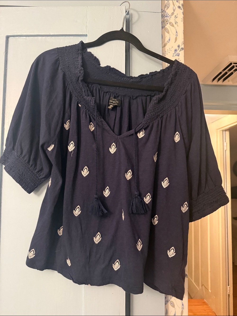 Lucky Brand Navy Tassel Boho Embroidered Tunic